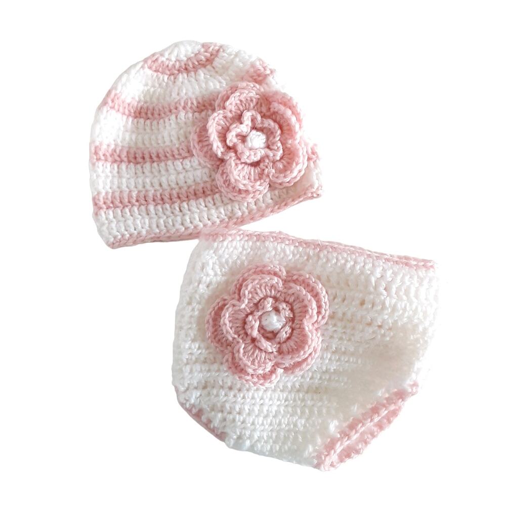 Vintage 90s Crochet Baby Girl Hat & Diaper Cover Set Pink Flower Gender Reveal